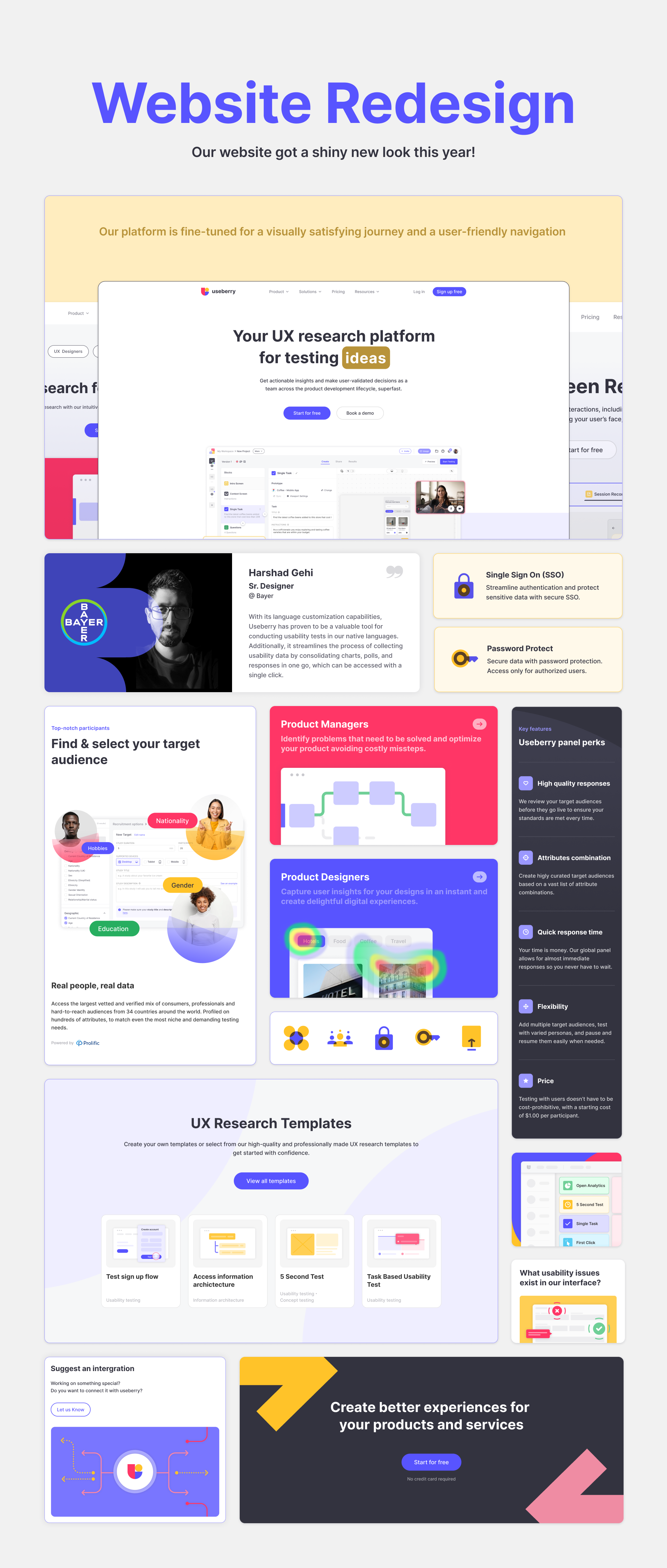 Banner for Useberry's website redesign, highlighting new features for a user-friendly experience. Includes a senior designer's testimonial, target audience selection tools, UX research templates, and a CTA to create better product experiences. Visuals feature interface screenshots, user demographics, and colorful icons.