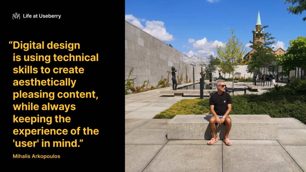 A photo of Michalis Arkopoulos, head of digital design at Useberry with a quote from his interview next to it