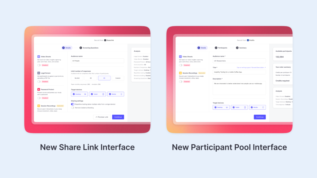 Highlighting the redesigned share link UI and new participant pool interface of this Useberry product update