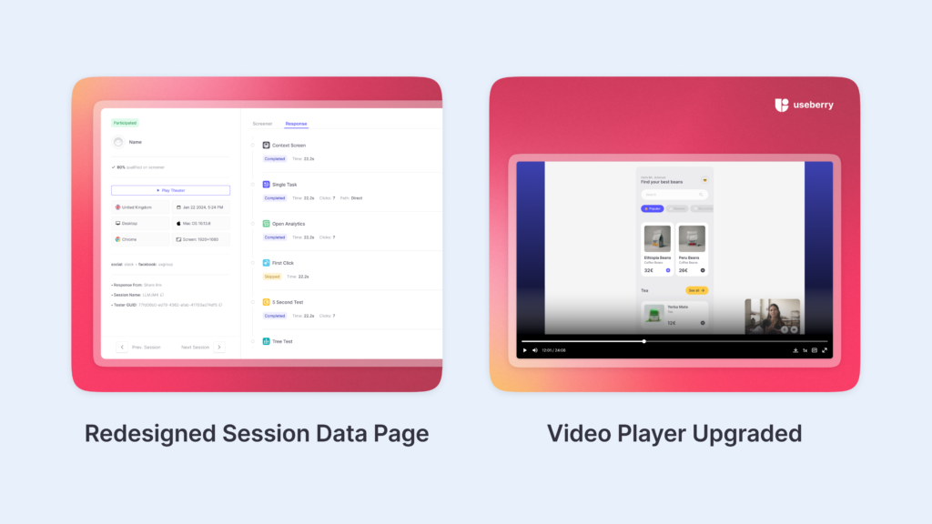 Showing the redesign sessions data UI and highlighting video player upgrades on this Useberry product update.