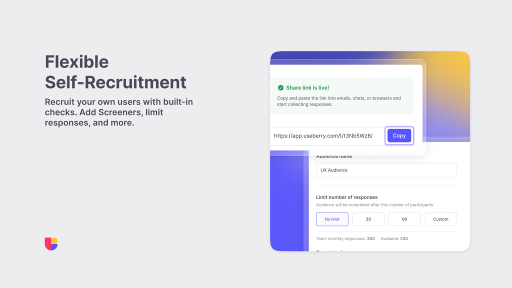 Useberry Share Link feature screen showing live status and participant controls, including response limits and audience name settings for self-recruitment.