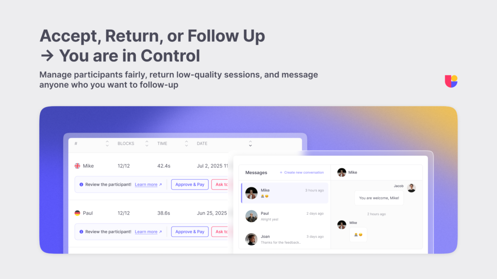 Participant review screen in Useberry with session info and options to approve, return, or message participants, highlighting control over each submission.