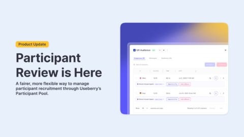 Screenshot of Useberry’s recruitment dashboard with the Participant Review tab showing participant sessions and options to approve or ask to return submissions.