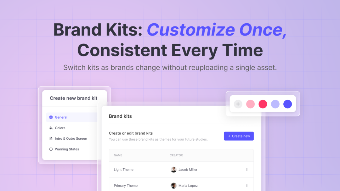 A screenshot of Useberry UI showing Brand Kits in action, emphasizing how it helps brands apply their branding to user research on Useberry instantly after setting up once.