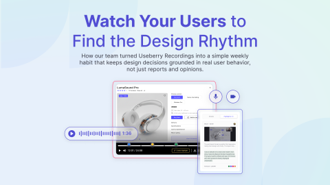 Showing Useberry UI with recordings in action. Emphasizing the power of the feature that let's you observe participants screens, video, and voice